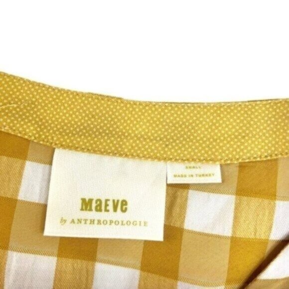 Maeve by Anthro Mustard Yellow Gingham Popover Blouse Vneck - Picture 4 of 6